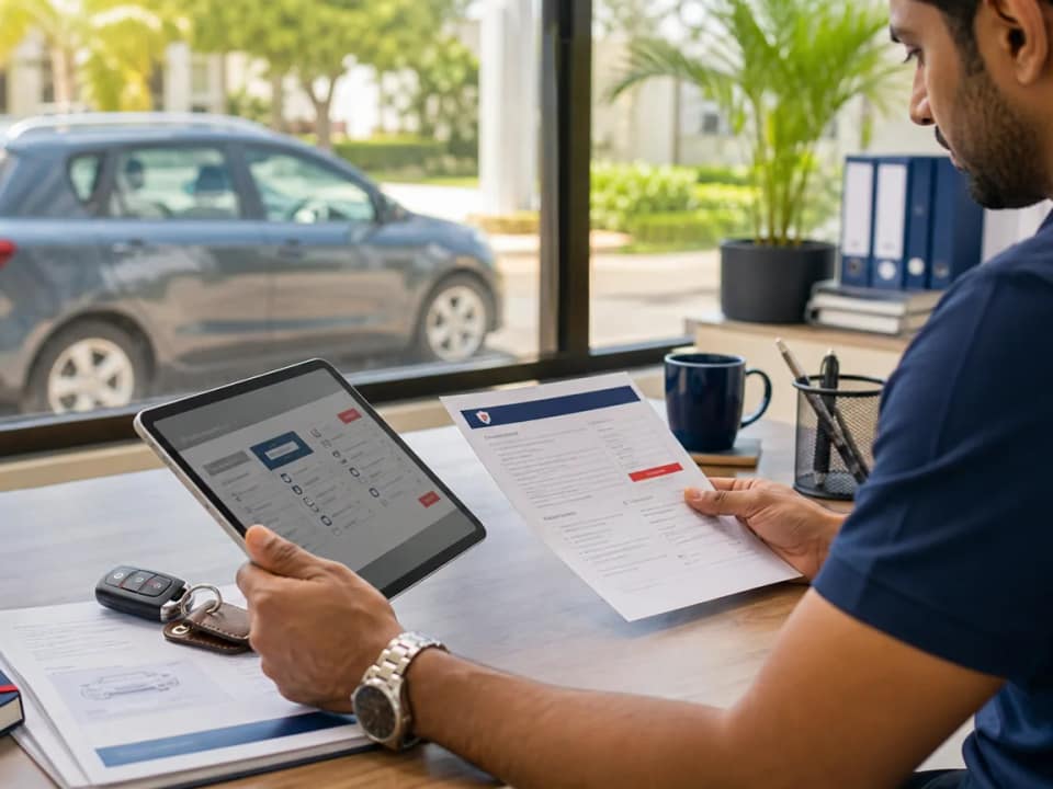 Insurance adviser reviewing motor cover with a customer