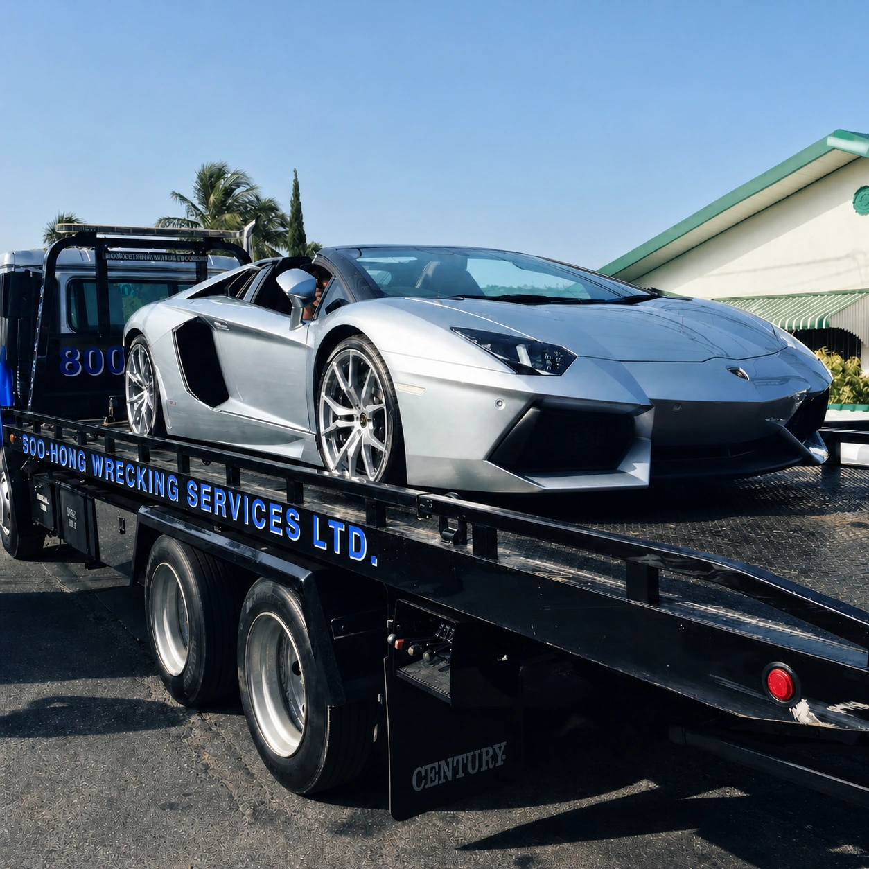 Soo-Hong flatbed transporting a silver sports car